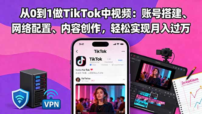 从0到1做TikTok中视频：账号搭建、网络配置、内容创作，轻松实现月入过万-创盈汇聚